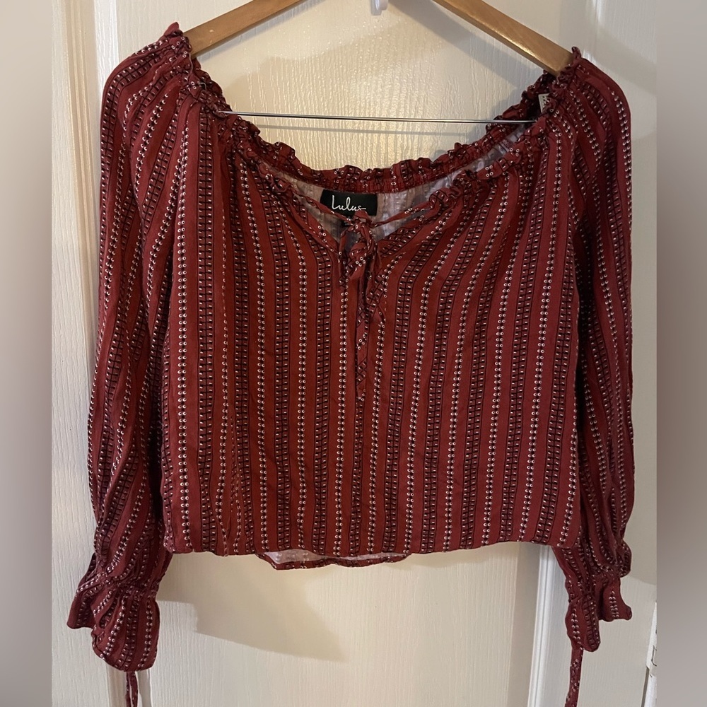 Lulu's Maroon and White Cropped off the shoulder Striped Blouse